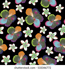 Hand Drawn tropical style texture. Vector seamless pattern of hibiscus flowers on a black. Ideal for web, card, poster, fabric or textile. Creative universal floral pattern in green and orange colors.
