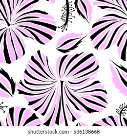 Hand Drawn tropical style texture. Ideal for web, card, poster, fabric or textile. Creative universal floral pattern in black and neutral colors. Vector seamless pattern of hibiscus flowers on a white