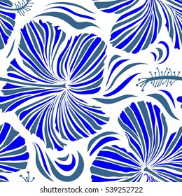 Hand Drawn tropical style texture. Ideal for web, card, poster, fabric or textile. Creative universal floral pattern in blue colors. Vector seamless pattern of hibiscus flowers on a white.