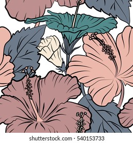 Hand Drawn tropical style texture. Vector seamless pattern of hibiscus flowers on a white. Ideal for web, card, poster, fabric or textile. Creative universal floral pattern in beige and blue colors.