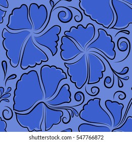 Hand Drawn tropical style texture. Vector seamless pattern of hibiscus flowers. Ideal for web, card, poster, fabric or textile. Creative universal floral pattern in blue colors.