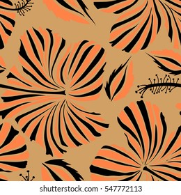 Hand Drawn tropical style texture. Vector seamless pattern of hibiscus flowers. Ideal for web, card, poster, fabric or textile. Creative universal floral pattern in black and orange colors.