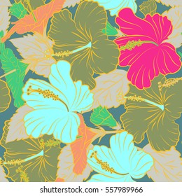 Hand Drawn tropical style texture. Creative universal floral pattern in blue, pink and green colors. Vector seamless pattern of hibiscus flowers. Ideal for web, card, poster, fabric or textile.