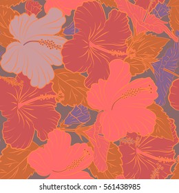 Hand Drawn tropical style texture. Vector seamless pattern of hibiscus flowers. Ideal for web, card, poster, fabric or textile. Creative universal floral pattern in pink and orange colors.