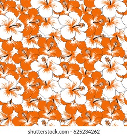 Hand Drawn tropical style texture. Creative universal floral pattern in orange, gray and white colors. Vector seamless pattern of hibiscus flowers. Ideal for web, card, poster, fabric or textile.