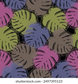 Hand drawn tropical summer background: Philodendron monstera, palm leaf contours, silhouette, squiggles, dots.   Seamless patterns