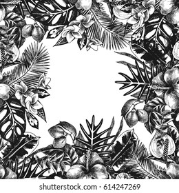 fundo de verão tropical desenhado à mão com plantas e flores