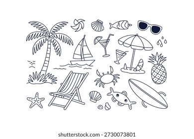 Hand Drawn Tropical Summer Beach Elements Collection Vector Illustrations of Palm Tree, Sailboat, Crab, and Vacation Icons in Line Art and Flat Color Style