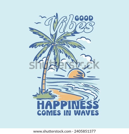 HAND DRAWN TROPICAL SUMMER BEACH SHORE OCEAN SUN LANDSCAPE SURF RETRO VINTAGE TSHIRT TEE PRINT FOR APPAREL MERCHANDISE
