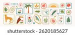 Hand drawn tropical summer elements in shape mosaic. Exotic geometric pattern. Trendy postage stamps. Jungle nature sticker set. Leopard, palm tree, toucan, flowers, hibiscus,parrot, leaves, plumeria.