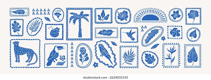 Hand drawn tropical summer elements in shape mosaic. Exotic geometric pattern. Trendy postage stamps. Jungle nature sticker set. Leopard, palm tree, toucan, flowers, hibiscus,parrot, leaves, plumeria.