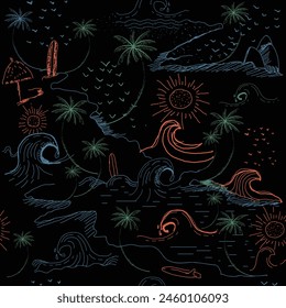 Hand drawn Tropical Summer pattern, palm tree , big waves, sunshine, surfboard, birds, beach umbral, mixed together beach pattern design, black background and natural vibes textile fabric art, t-shirt
