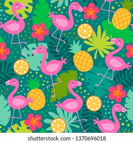 Hand drawn tropical summer seamless pattern with flamingo, tropical fruit, leaf and hibiscus.