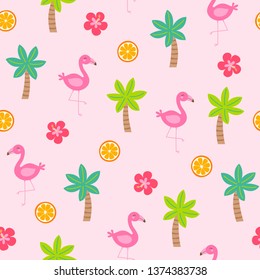 Hand drawn tropical summer seamless pattern with flamingo, orange fruit, palm tree and hibiscus.