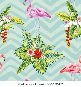 Hand drawn tropical summer seamless pattern with flamingo birds and exotic flowers botanical vector wallpaper