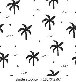 Hand drawn tropical tree silhouettes seamless pattern. Palm leaf botanical background. Vector isolated illustration tropic textile texture.