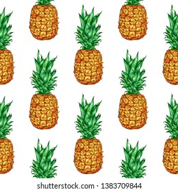 Hand drawn tropical vector seamless pattern with pineapple on a white background.