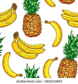 Hand drawn tropical vector seamless pattern with pineapple and bananas on a white background.