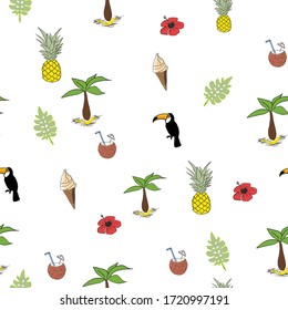 Hand drawn tropical vector seamless pattern. Pineapple palm trees, ice cream and toucan birds.