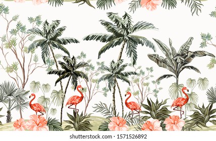 Hand drawn tropical vintage botanical landscape, illustration with palm trees, banana trees, palm leaves, hibiscus flamingo. Floral seamless border on white background. Hand drawn jungle wallpaper.
