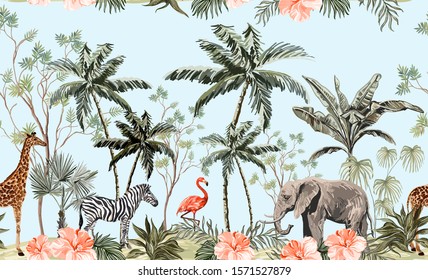 Hand drawn tropical vintage botanical landscape, illustration with palms, banana trees, palm leaves, hibiscus, giraffe, zebra, elephant. Floral seamless border blue background. Jungle animal wallpaper