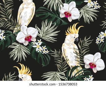 Hand drawn tropical vintage graphic orchid floral palms jungle leaves seamless pattern background. Exotic wallpaper with white parrots