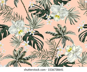 Hand drawn tropical vintage graphic orchid floral palms jungle leaves seamless pattern background. Exotic wallpaper