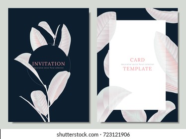 Hand drawn Tropical white guava leaves on dark blue background, invitation card template design