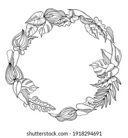 Hand drawn tropical wreath with flowers and leaves. Vector sketch illustration.