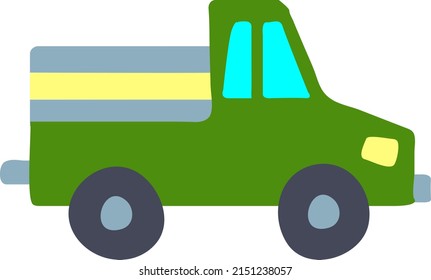 Hand drawn truck. Cartoon car for icons, baby clipart, boy's textile t-shirt designs. Doodle of cute green transport for nursery design. Side view nice lorry with gray wheel.  Pleasant kids vehicle.