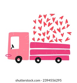 Hand drawn truck driving with hearts, cartoon flat vector illustration isolated on white background. Cute drawing with grunge texture. Love and Valentines day celebration.