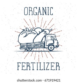 Hand Drawn Truck with Giant Vegetables with "Organic Fertilizer" Lettering. Vector Illustration