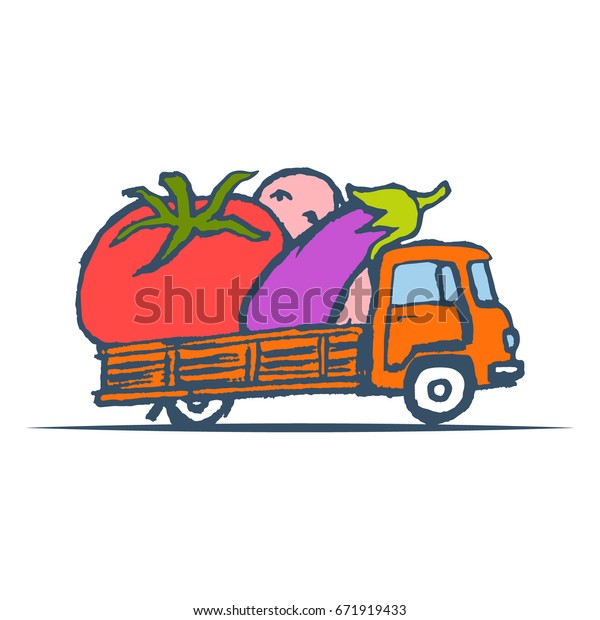 Hand Drawn Truck with Giant Vegetables.\
Vector illustration