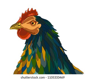 hand drawn true to life colorful head of easter hen with dark grey, dark blue, green, yellow and brown feathers of different size,  on white background - vector illustration