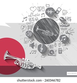 Hand drawn trumpet icons with icons background. Vector illustration