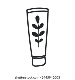 Hand drawn tube of skin care cream. Cosmetics Lotion Drawing concept. Cosmetics tube icon. Doodle line art illustration. 