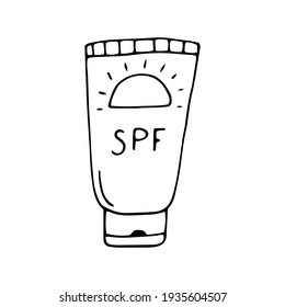 Hand drawn tube of sunscreen. Doodle illustration, SPF sun care concept.