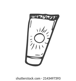 Hand drawn tube of sunscreen. Doodle illustration, SPF sun care concept.
