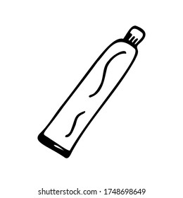 Tubo dibujado a mano de pasta dental aislado en un fondo blanco. Doodle, simple ilustración de contorno. Se puede utilizar para la decoración de textiles, papel y otras superficies.