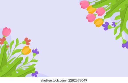 Fondo del tulipán dibujado a mano con espacios de copia. Flores y formas orgánicas fondo azul, banner, plantilla, presentación.