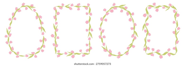 Hand drawn tulip floral frames collection. Whimsical botanical borders. Romantic spring flower wreaths for invitations, cards and posters.