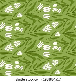 Hand drawn tulip floral seamless pattern. Early spring and summer white tulip flowers. Hand drawn flat vector illustration.