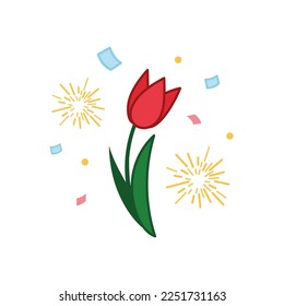 Hand drawn Tulip flower icon with confetti and firework. Vector illustration in Doodle style. Valentines day gift, present. Design icon, print, logo, symbol, decor.