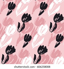 Hand drawn tulip flower seamless pattern. Modern hipster style for Invitation, contemporary design. Hand drawn floral elements for Placards, Flyer.