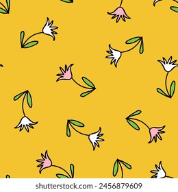 Hand drawn tulip flower simple doodle seamless pattern. Perfect print for tee, paper, textile and fabric. Summer vector illustration for decor and design.