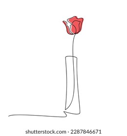 Hand drawn tulip flower in vase. Linear contour silhouette isolated on white. Line continuous illustration vector. Floral design, print, beauty branding, card, poster. Minimal contemporary drawing.