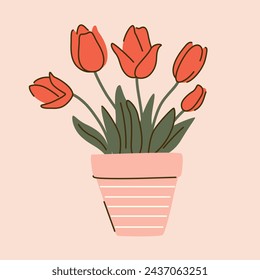 Hand drawn tulip flowers in a pot. Red bouquet vector illustration. Spring and summer garden plant. Cartoon flowerpot decoration.