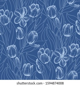 Hand drawn tulip outline pattern in classic blue colour