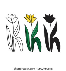 Hand drawn tulip, spring flowers. Tulip logo business. The Turkish symbol is the tulip. Flowers linear and color and black silhouette vector illustration set.2