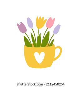 Hand drawn tulips bouquet in yellow cup. Spring flowers in pastel colors. Template for greeting card, invitation, banner, print, postcard.